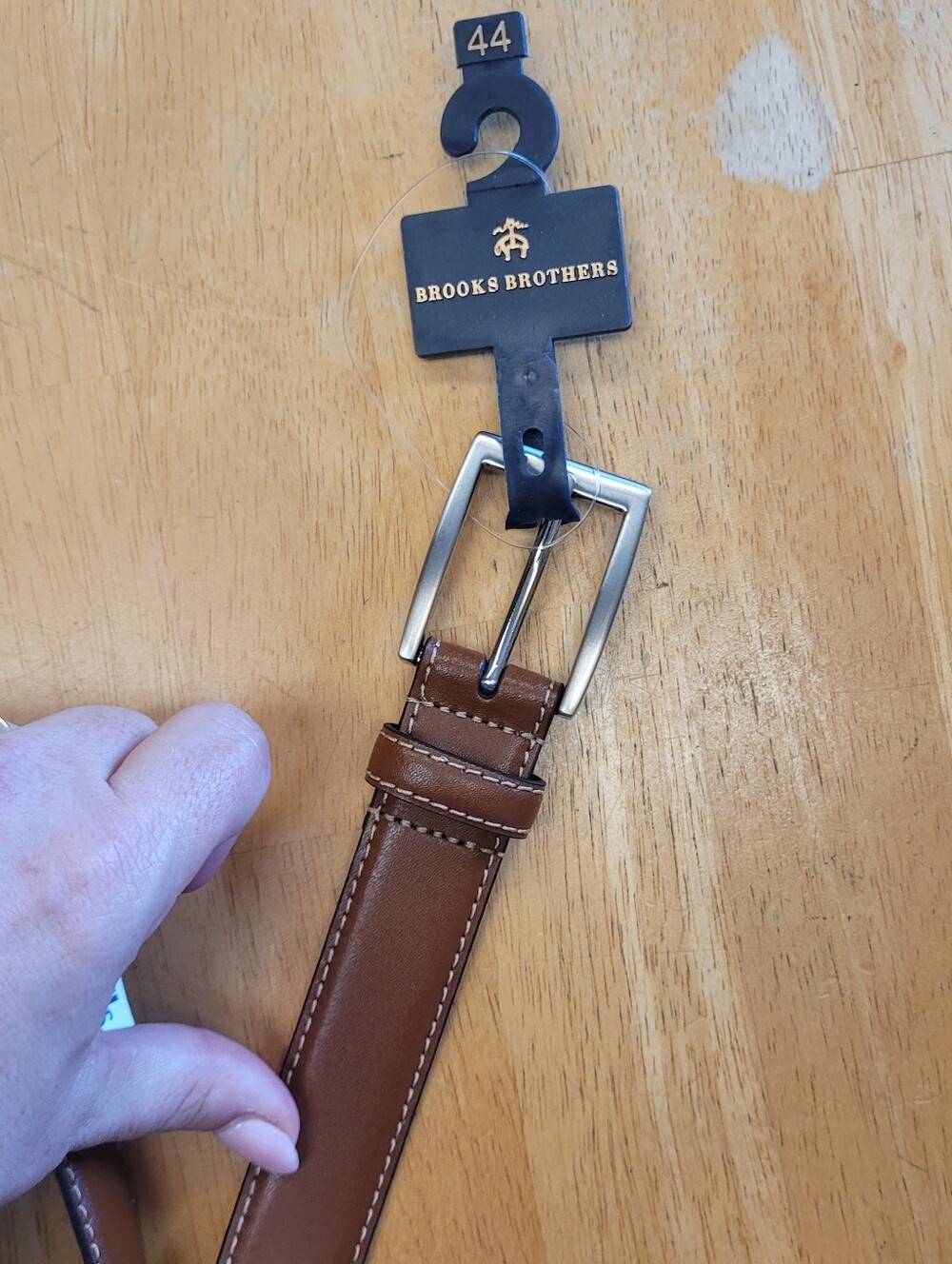 Brooks Brothers Leather Belt Brown White Stitching Silver Buckle 44 New